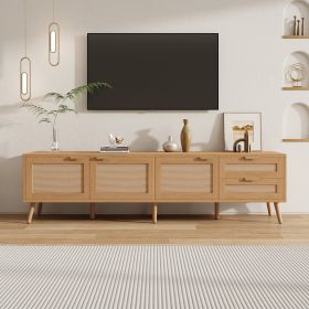 70inch Modern TV Stand With Rattan Doors For TVs Up To 80, Media Console With Storage Space, 2 Drawers & Cable Holes, Entertainment Center For Living