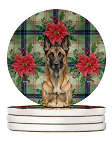 Belgian Malinois Christmas PoinsettIas Large Sandstone Coasters Pack of 4 Absorbent Round Coasters Decor Gifts for Men or Women, 4 in, Multicolor