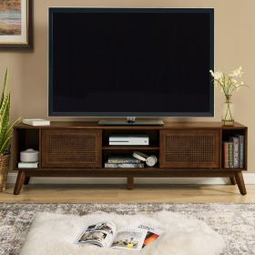 67.9 Inch Mid Century Modern Rattan TV Stand For TVs Up To 75, Entertainment Cabinet, Media Console For Living Room Media Room, Solid Wood Feet  Ratta
