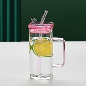 1 Pcs Pink Glass Straw Cup, 6 Colors Square Glass Cup With Straw And Lid, High Borosilicate Glass Cup, Milk Cup, Juice Cup, Cold Drink Cup, Coffee Cup (Option: pink)