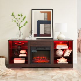 TV Stand Electric Fireplace  Glass Shelves, 3D Fireplace TV Stand With LED Lights Wood With USB Charging Outlet Modern Television Table Center For TV (Option: Espresso)
