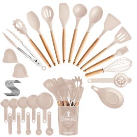 4 Colors Options -- Set Of 35Pcs Kitchen Cooking Utensils Set Spatula Set Baking Utensil Set Kitchen Accessories Necessities With Holder Egg Whisk Sep (Option: Khaki)