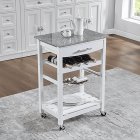 Mobile Rolling Kitchen Island Trolley Serving Cart with Underneath Drawer & Slide-Out Wire Storage Basket (Main Material: Marble+Metal, Main Color: White)